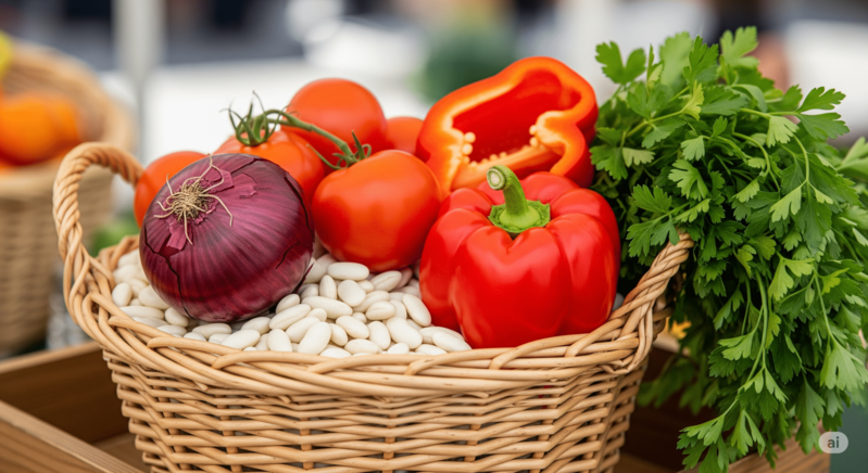 Čerstvé ingredience na letní salát:bílé fazole, křupavá paprika, sladká rajčata, aromatické bylinky a jemná červená cibule.