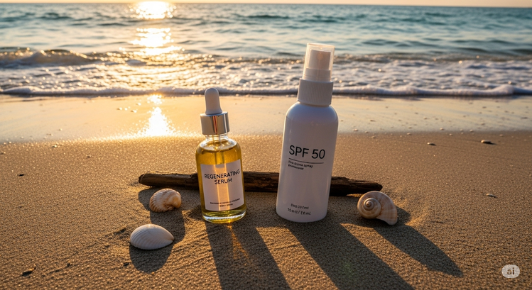 Regenerační sérum a opalovací sprej SPF 50 položené na písku u moře pro ochranu a hydrataci pleti v létě