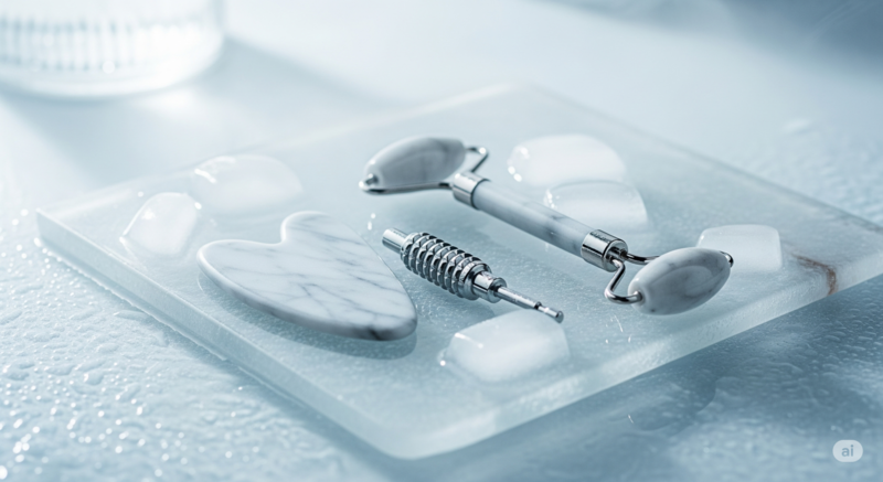 Chladivý face roller a gua sha kámen z mramoru s kostkami ledu pro letní masáž obličeje