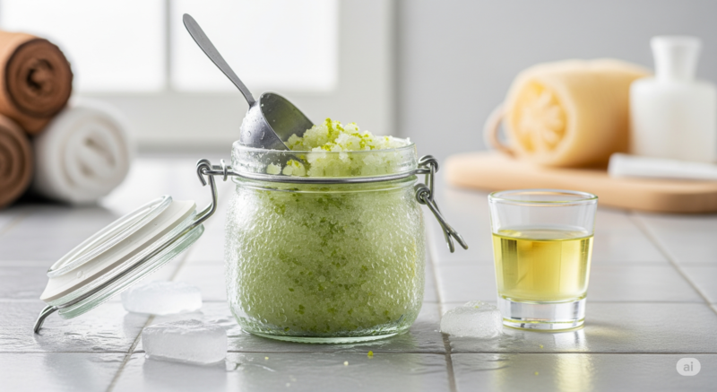 Domácí ledový scrub s limetkou a kokosovým olejem v zavařovací sklenici jako letní peeling pro jemnou pokožku