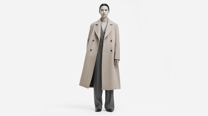 Minimalistický dámský outfit - dlouhý béžový kabát v kombinaci s monochromatickým kalhotovým kompletem a elegantními botami. Stylová móda pro podzim a zimu.