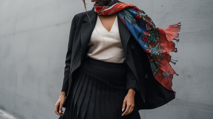 Stylový street style look - černý kabát, béžový top a široké kalhoty, doplněné výrazným barevným šátkem s orientálním vzorem.